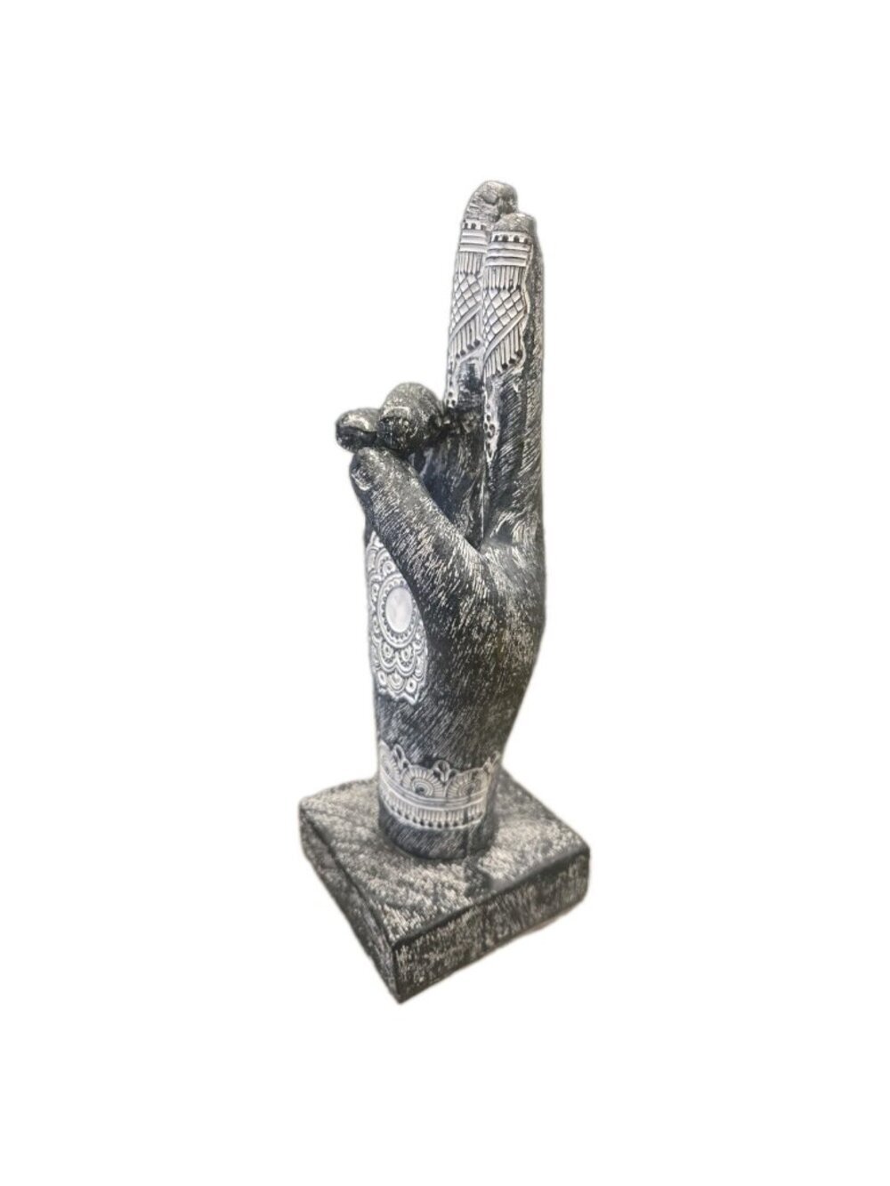 New Black & White Craved Etched India Buddha Peace Sign Hand Sculpture Figure - Picture 3 of 5